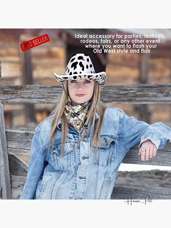 Cow Print Hat – One Size Fits Most, Adjustable Chin Strap  Cow Print Cowboy Hat with Chin Strap, Adjustable, One Size Fits Most